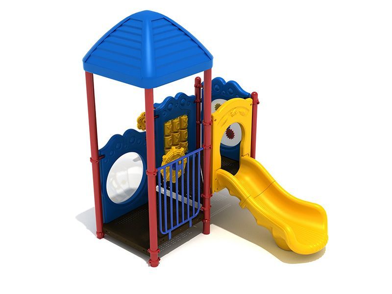 A colorful playground with a blue roof and a yellow slide.