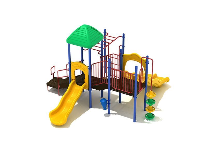 A colorful playground set with a slide , stairs , and a green roof on a white background.