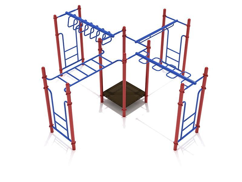 A red and blue playground set with a monkey bars and ladder.