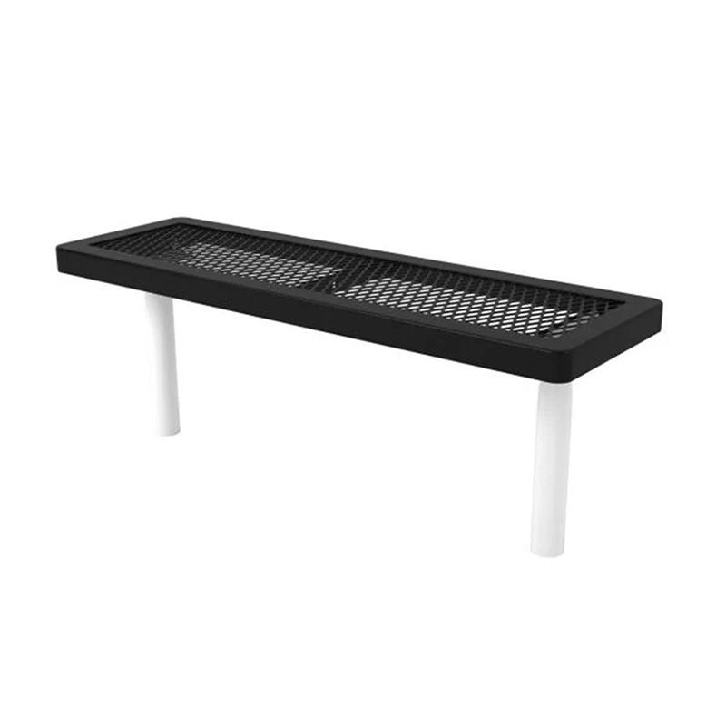 A black bench with white legs on a white background.