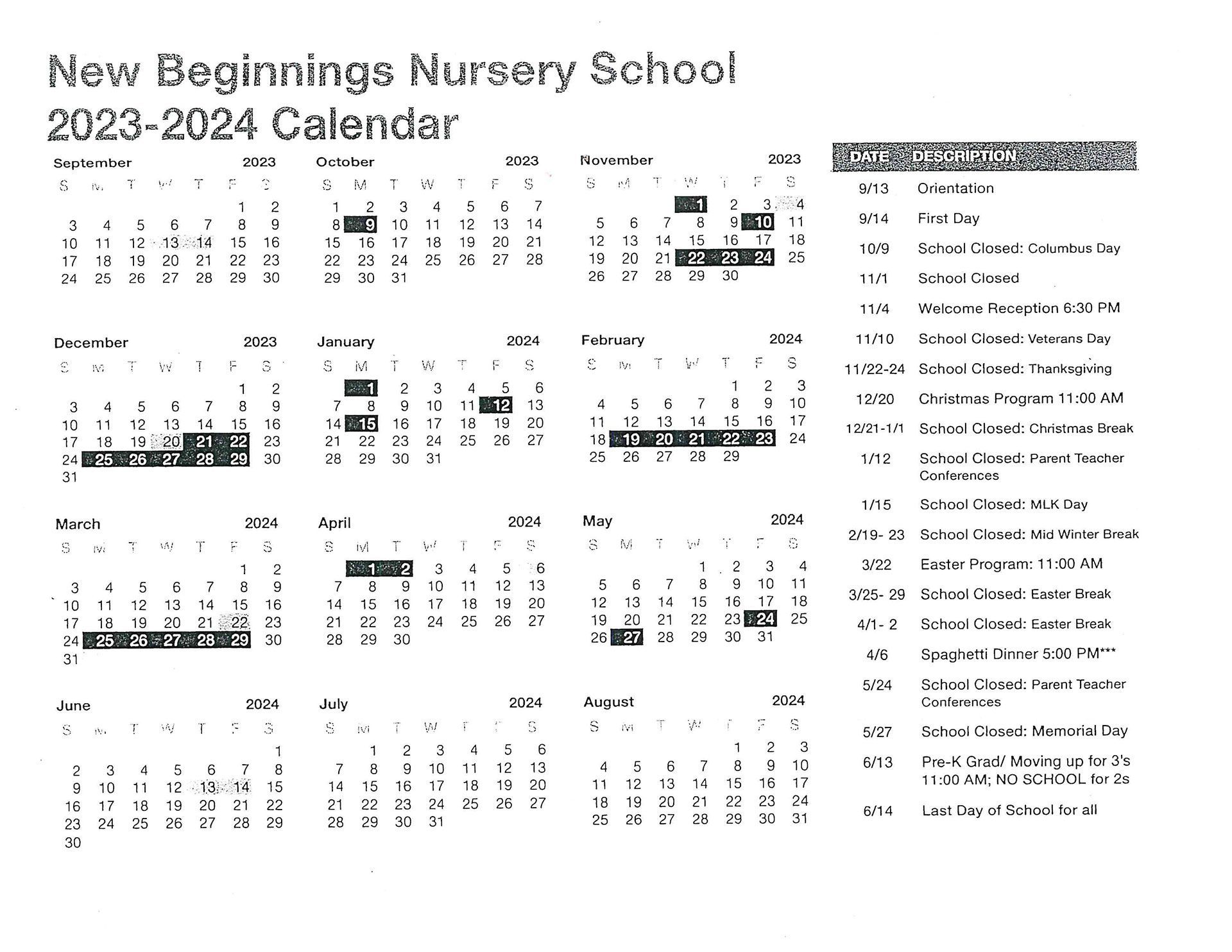 Nursery School Calendar