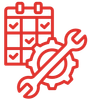 A red icon of a calendar , gears and a wrench.