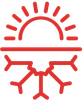 A red icon of a sun and snowflakes on a white background.