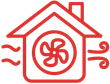 A red line drawing of a house with a fan inside of it.