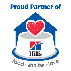 Pet food bowl with Hill's logo on it with a red heart above it. 