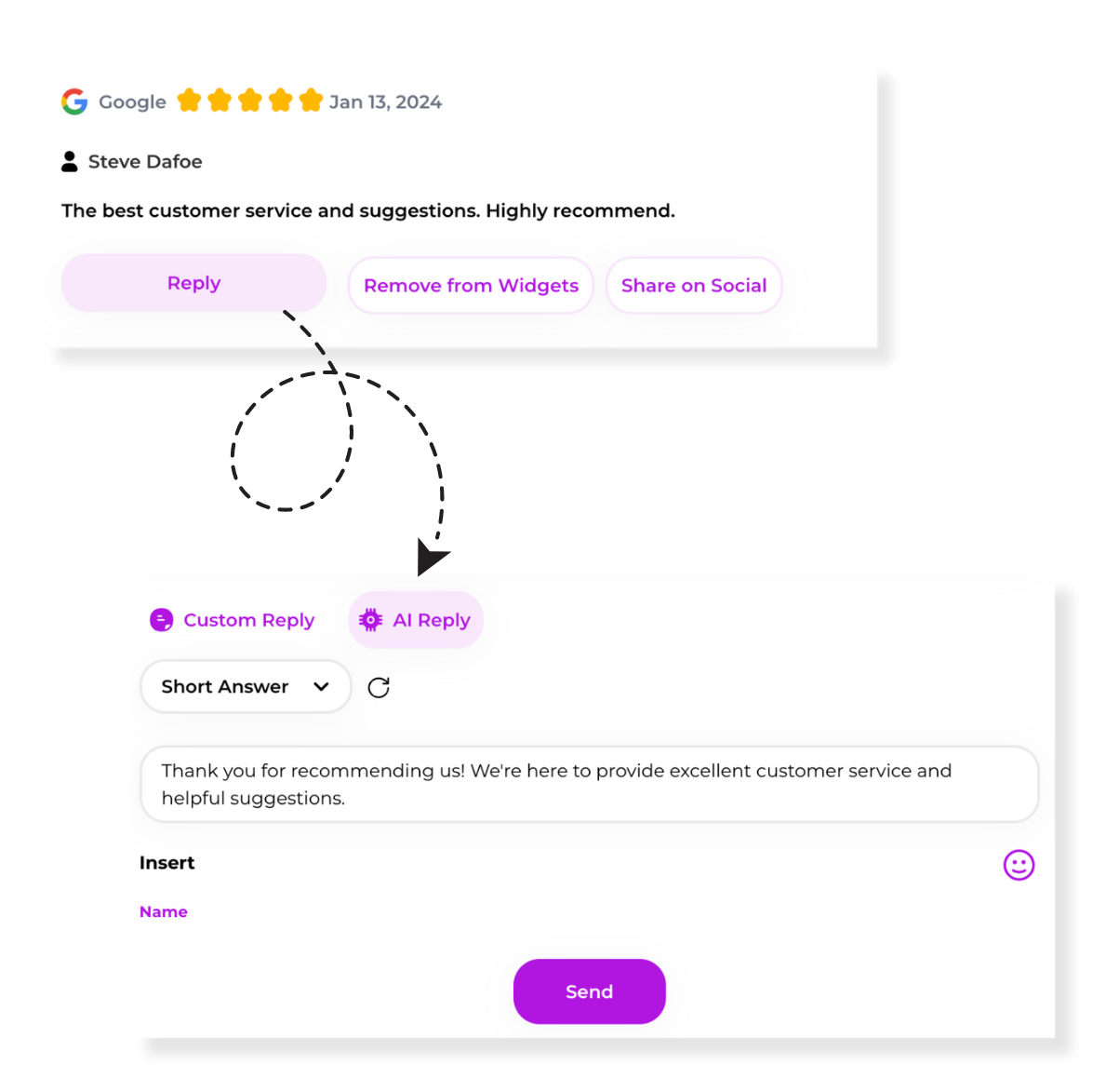 A screenshot of a google review with a purple send button.
