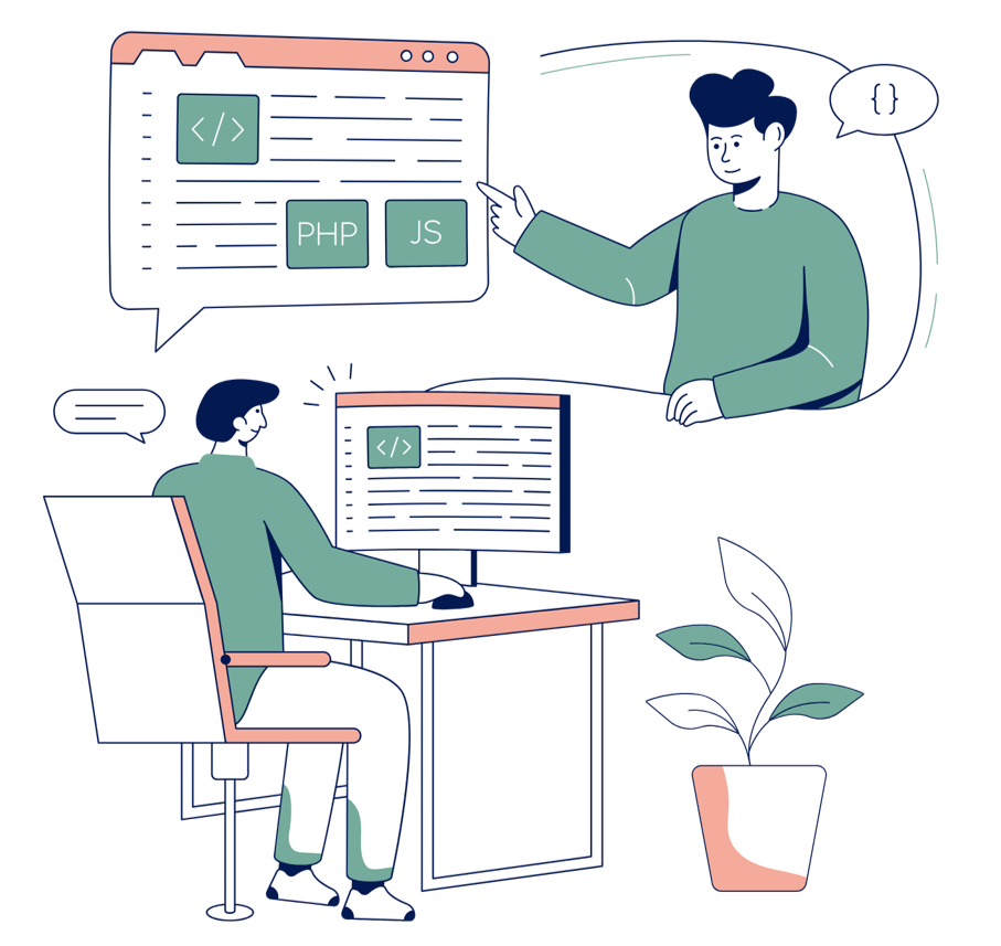 A man is sitting at a desk in front of a computer and talking to another man.