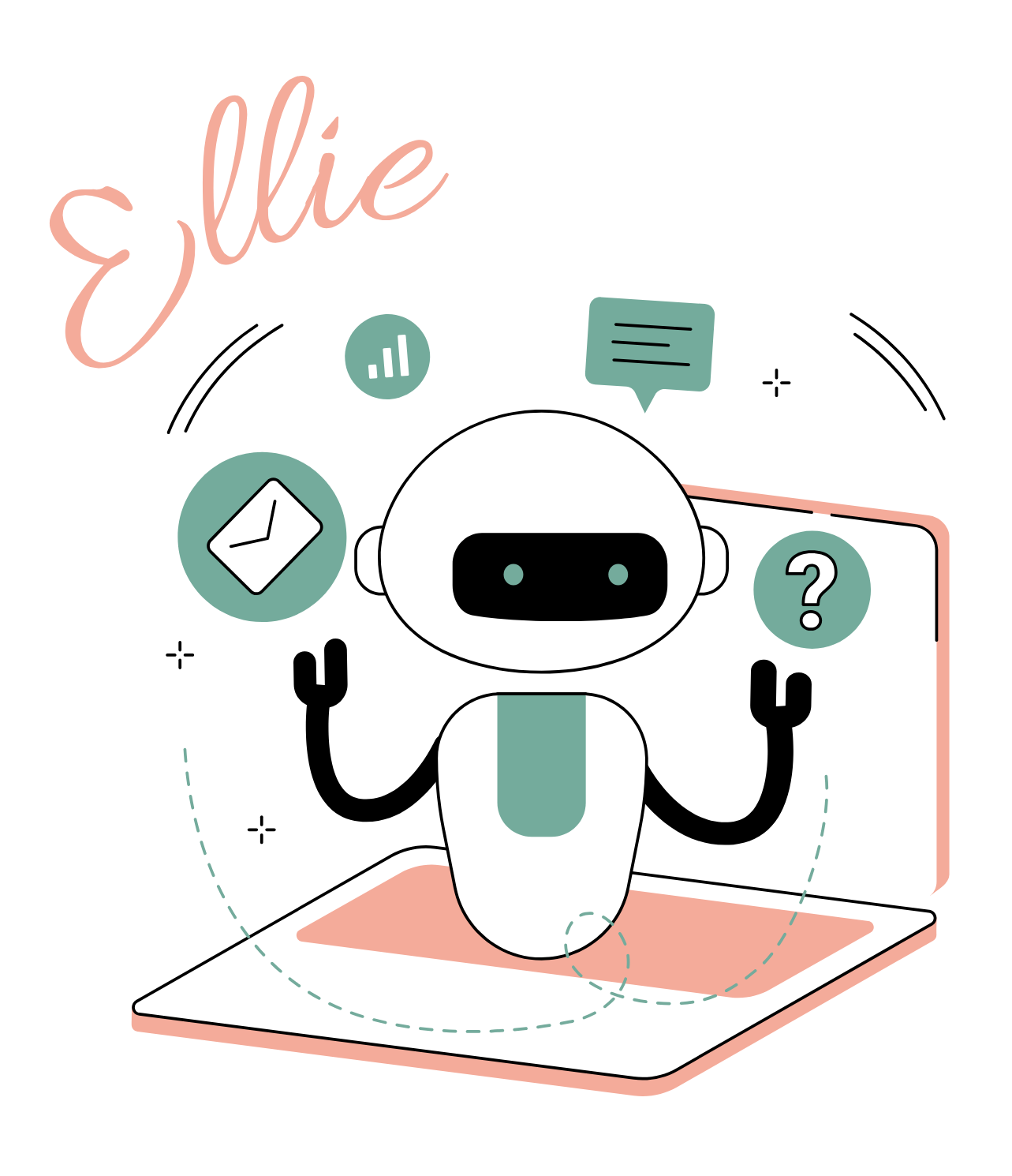 A cartoon illustration of a robot sitting on top of a laptop computer.