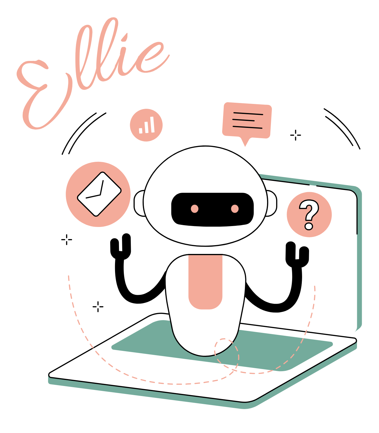 A cartoon illustration of a robot sitting on top of a laptop computer.