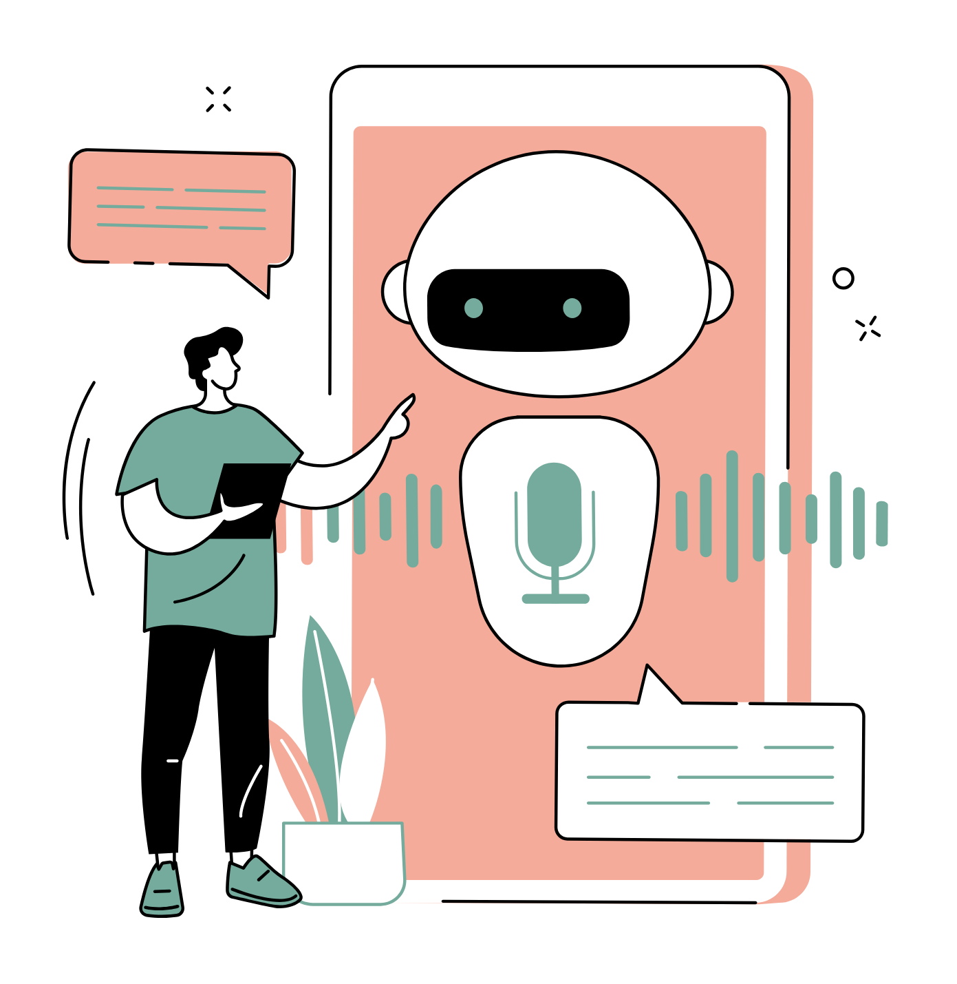 A man is standing in front of a phone with a robot on it.