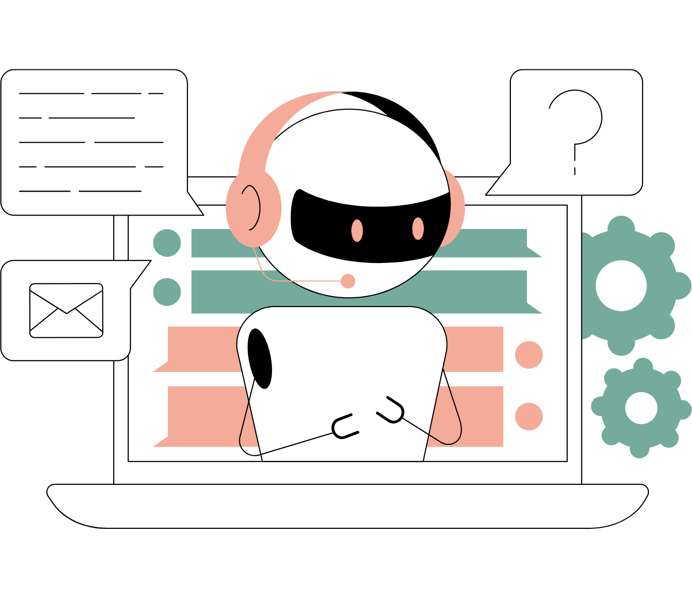 A robot wearing headphones is sitting in front of a laptop computer.