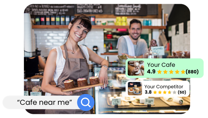A woman is holding a tray of food in a cafe.