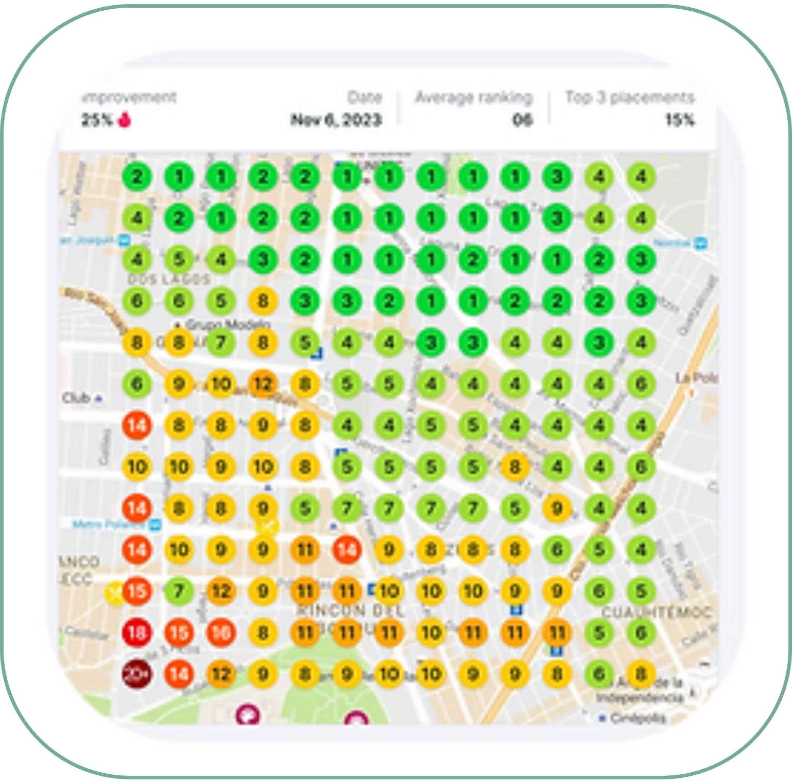 A map of a city with green and yellow circles on it
