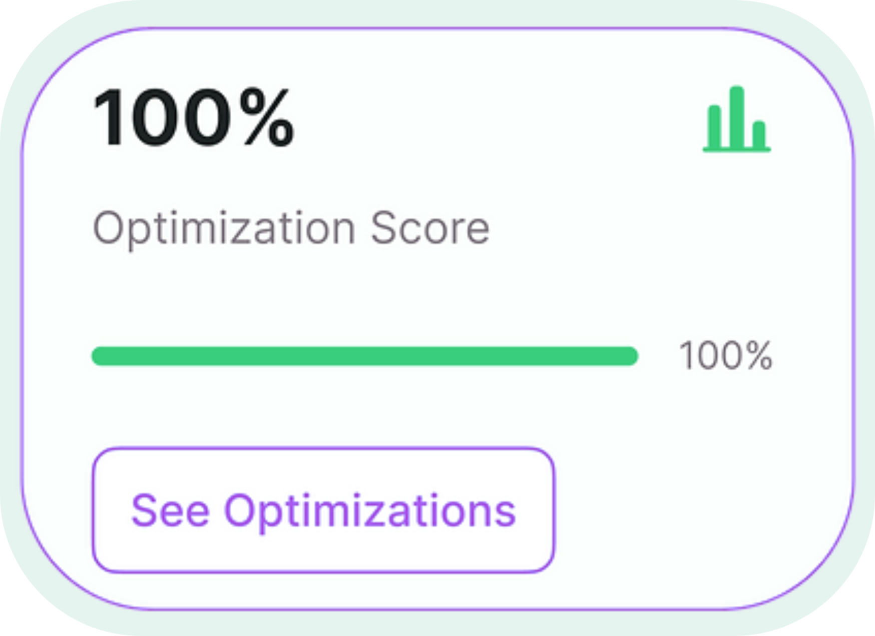 A screenshot of a dashboard showing a 100 % optimization score and a button to see optimizations.