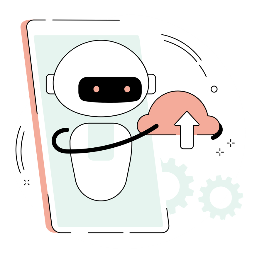 A robot is holding a cloud in front of a cell phone.