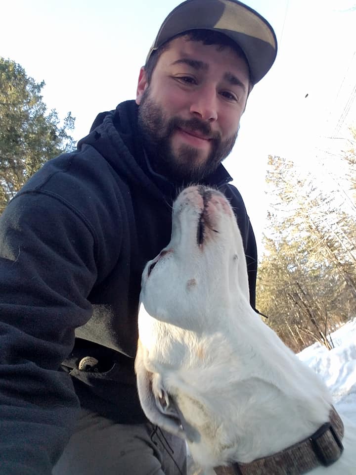 Duke the white dog with Jeff