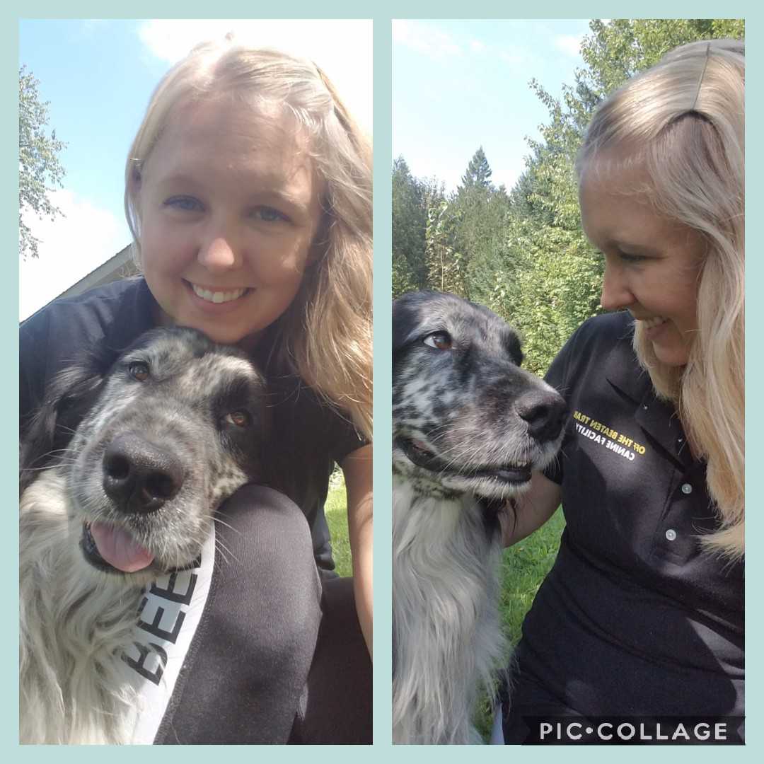 A women in all black with blonde hair with a black and white long haired dog