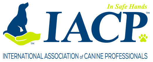 A green hand holding a blue dog with IACP logo