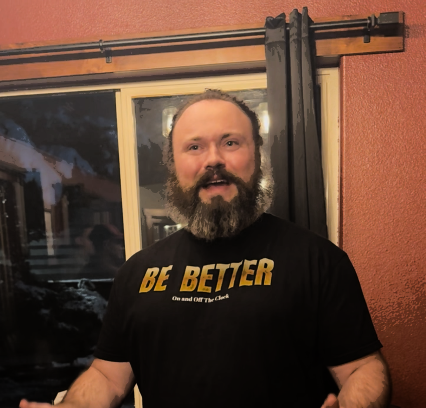 Travis Bertram wearing a black