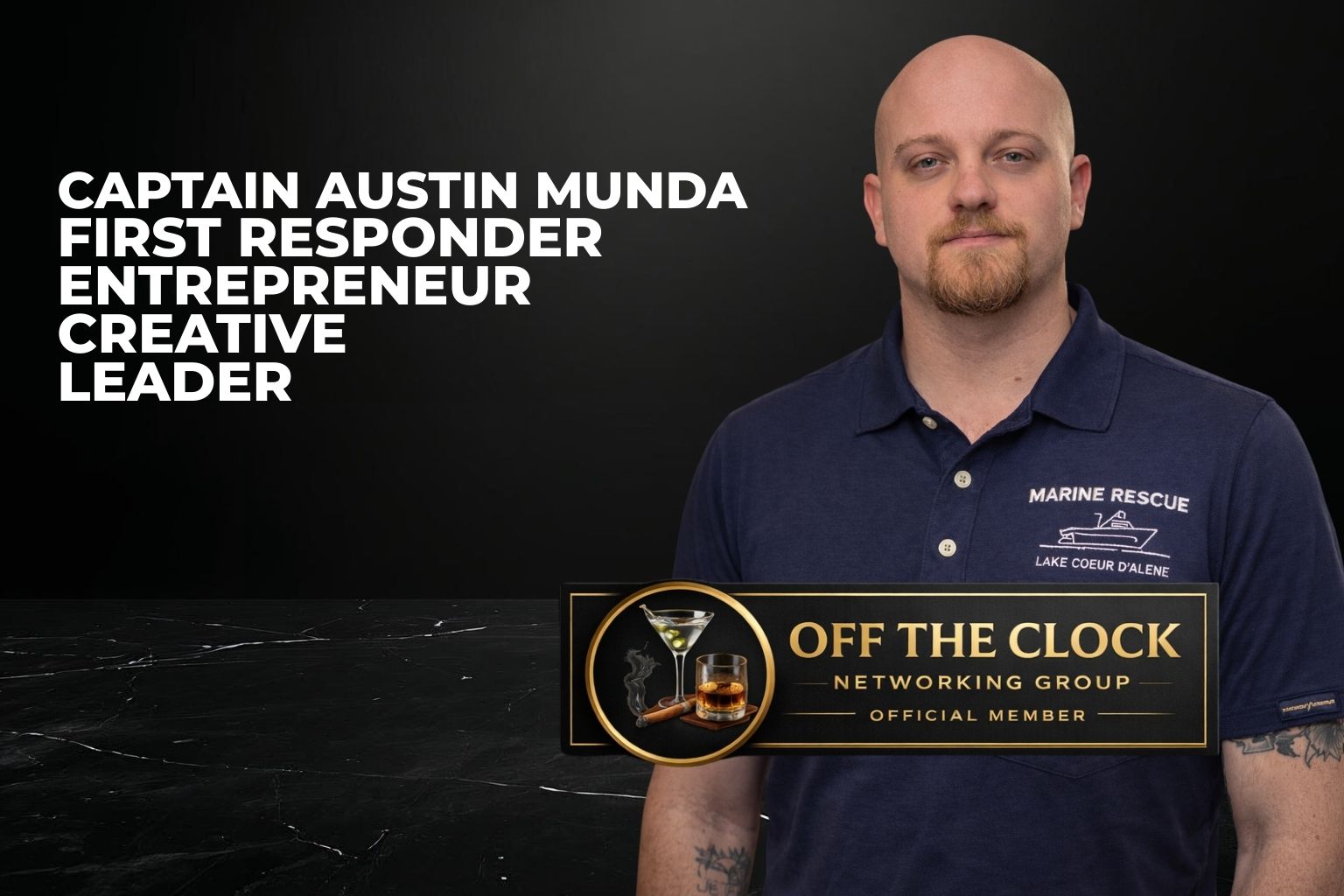 Captain Austin Munda, a first responder, entrepreneur, and creative leader, in a navy shirt, with a networking group badge.