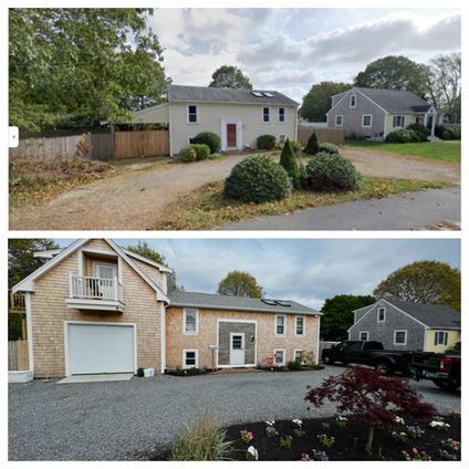 Before-and-after of a house: light exterior with small bushes transforms into a larger, wood-shingled building with landscaping.