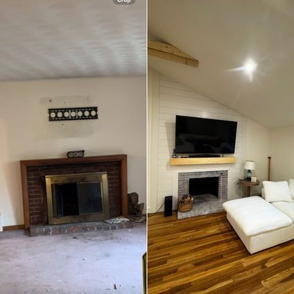 Living room before and after renovation. Fireplace rebuilt, new flooring and furniture.