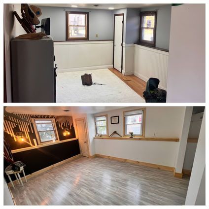 Two-panel photo shows a room renovation. Top shows white and gray walls. Bottom shows gray flooring and black wall accent.