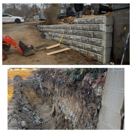 Top: Building a retaining wall with concrete blocks. Bottom: Excavation alongside the existing wall.