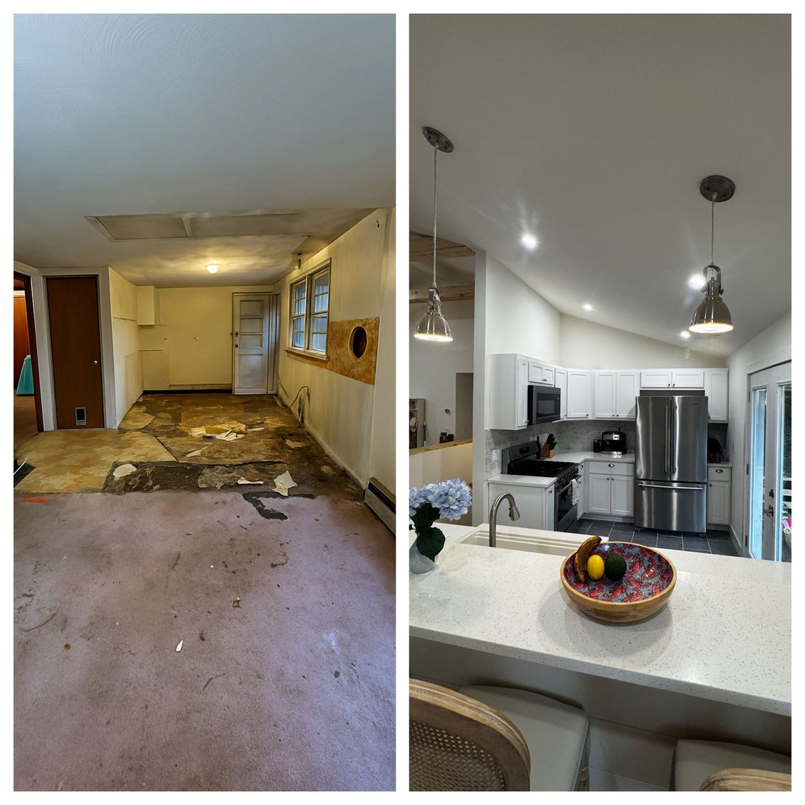 Before and after kitchen renovation. Left: unfinished; right: modern with island, stainless steel appliances.