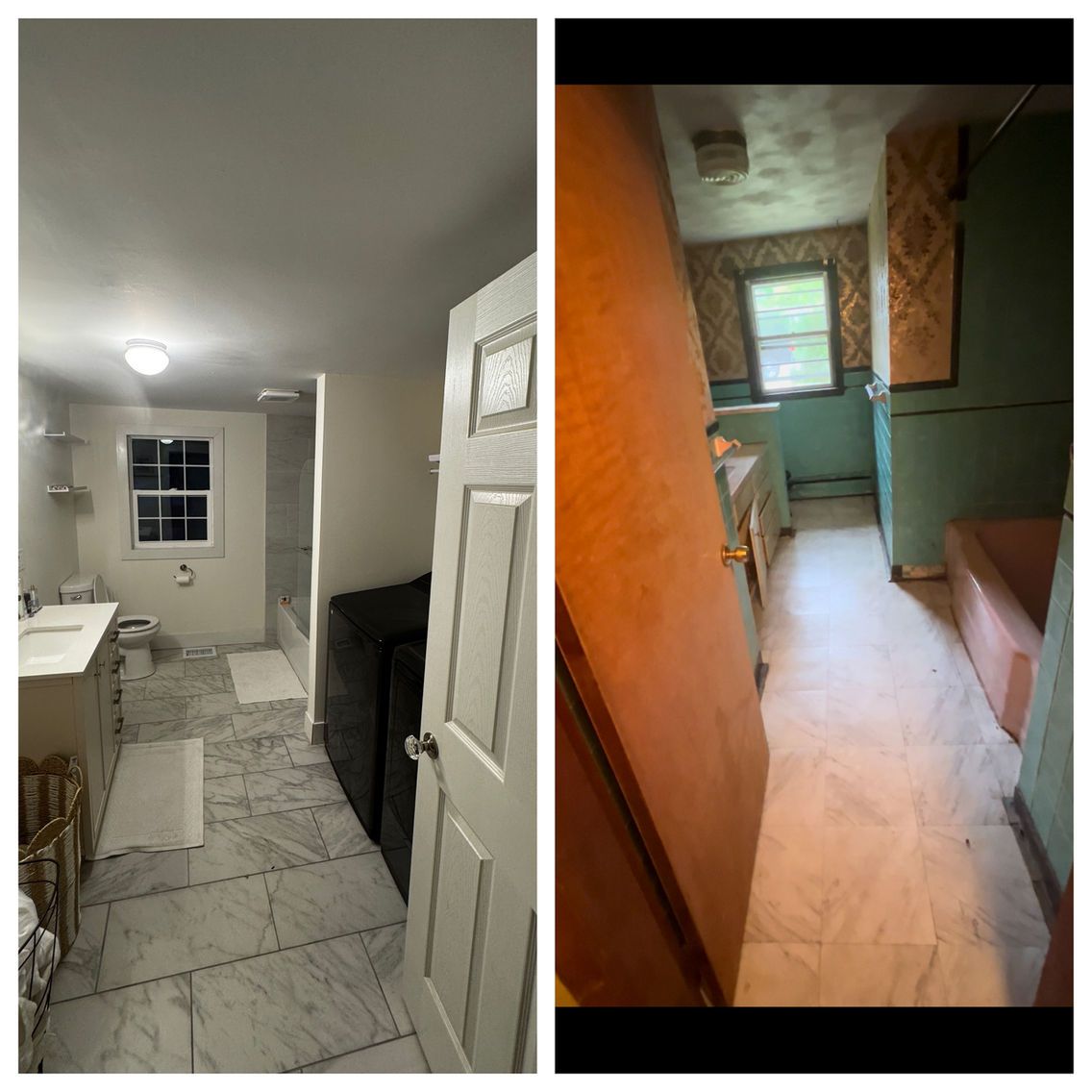 Bathroom renovation comparison: before and after. Modern white, gray bathroom versus old room with green, pink, and floral wallpaper.