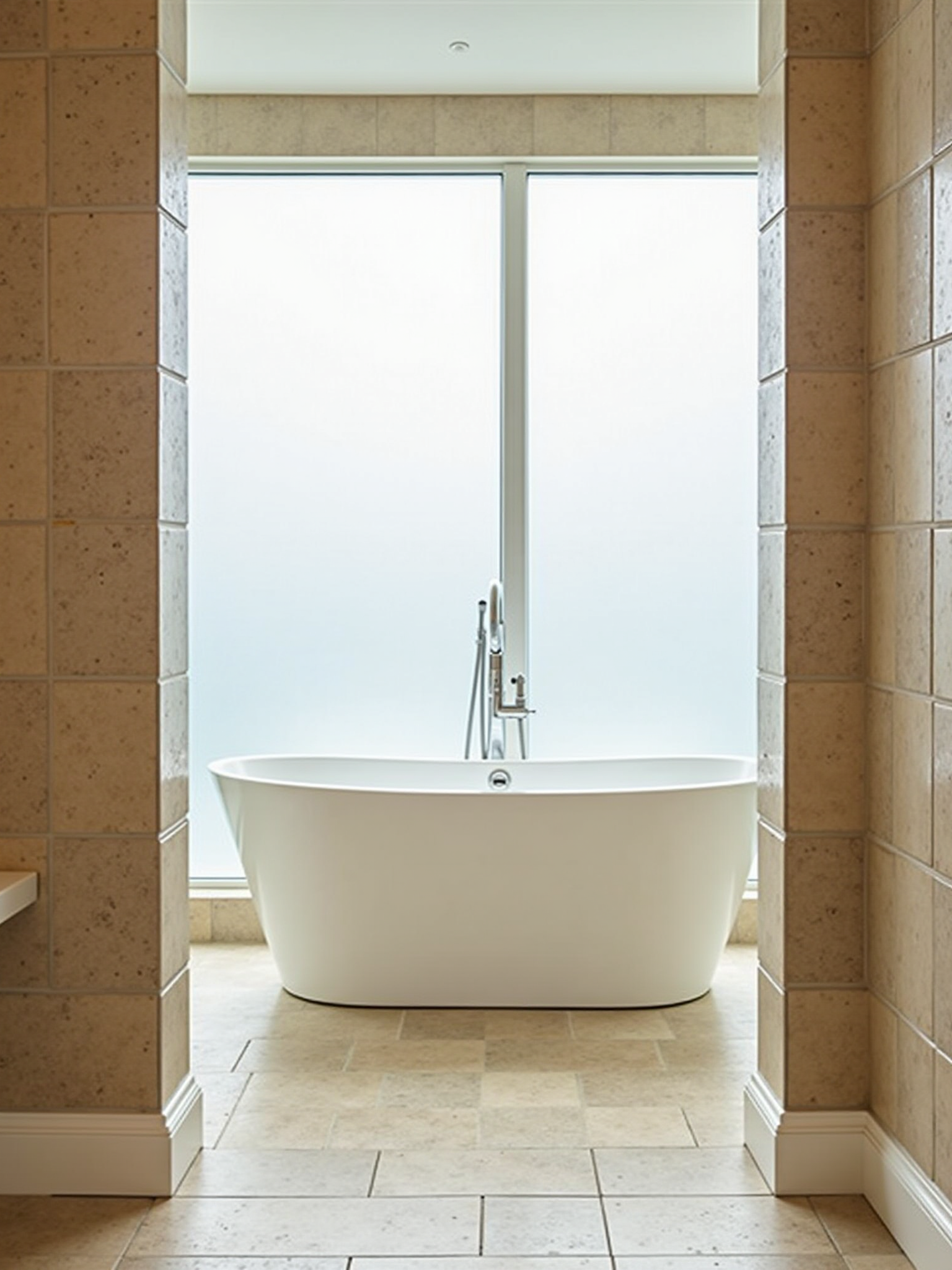 Freestanding white bathtub in a bathroom, framed by tiled walls and a large frosted window.