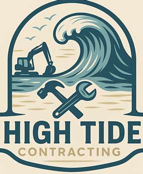 Logo: excavator, wave, tools, and "High Tide Contracting" text.