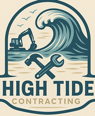 Logo: excavator, wave, tools, and "High Tide Contracting" text.
