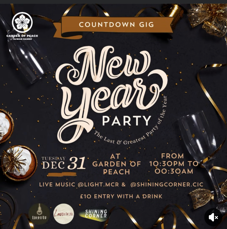 New Year's Eve party at Garden of Peach. Live music, entry £10 with a drink.