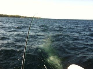 A person is fishing on a boat in the ocean