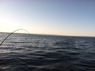 A person is fishing in the ocean with a fishing rod.