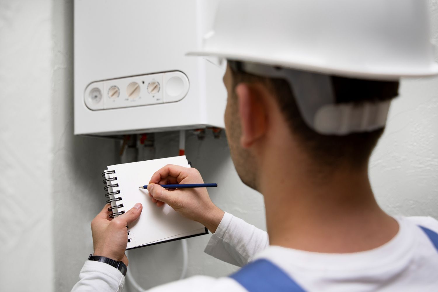 Person in hard hat examining and writing notes on a wall-mounted boiler.