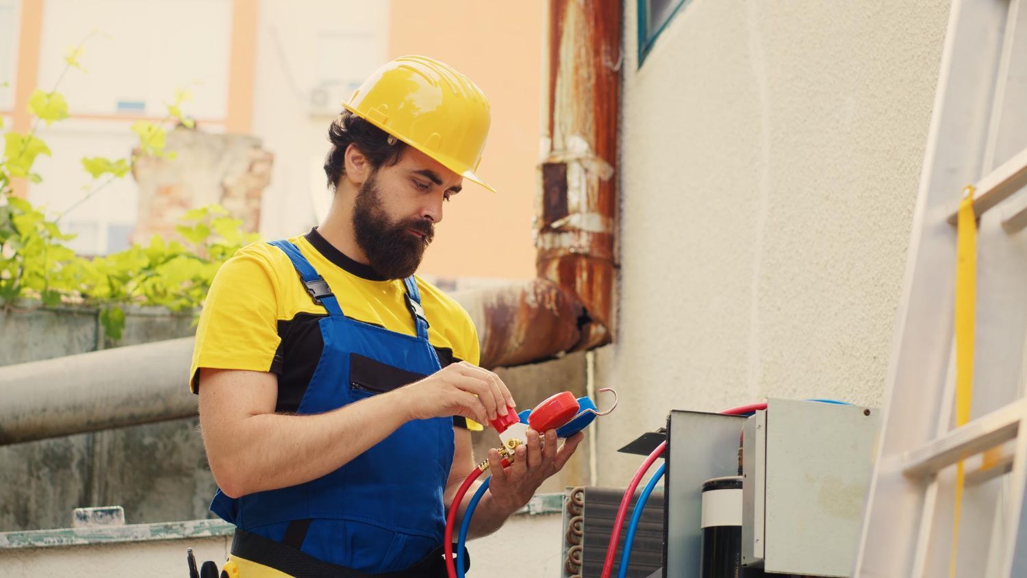 Electrician wearing a yellow hard hat and blue overalls tests wiring outside.