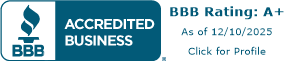 BBB Accredited Business logo, blue and white, with flame icon and link.