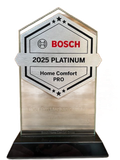 Bosch 2025 Platinum Home Comfort PRO award on a black base. Silver and gray shield with stars and brand logo.
