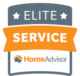 HomeAdvisor Elite Service badge with orange ribbon and two stars.