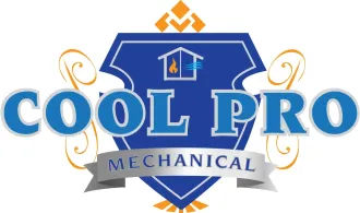 Logo for Cool Pro Mechanical: blue shield with text and house graphic, orange and silver accents.