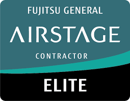 Fujitsu General AirStage Elite Contractor badge. Dark teal background with white text and a black bottom bar.
