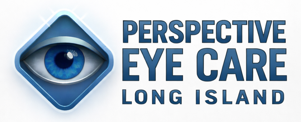 Logo for Perspective Eye Care Long Island, featuring a blue eye icon inside a diamond shape next to the company name.