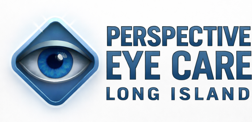 Logo for Perspective Eye Care Long Island, featuring a blue human eye inside a diamond-shaped blue icon.