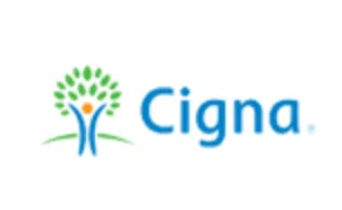 Cigna logo: green tree with person, blue text 