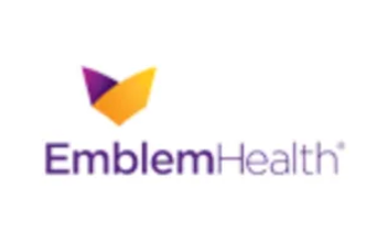 EmblemHealth logo: Purple and gold stylized leaf shape above the text 