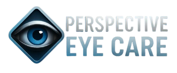 Logo of Perspective Eye Care: Eye in a blue diamond, with text 