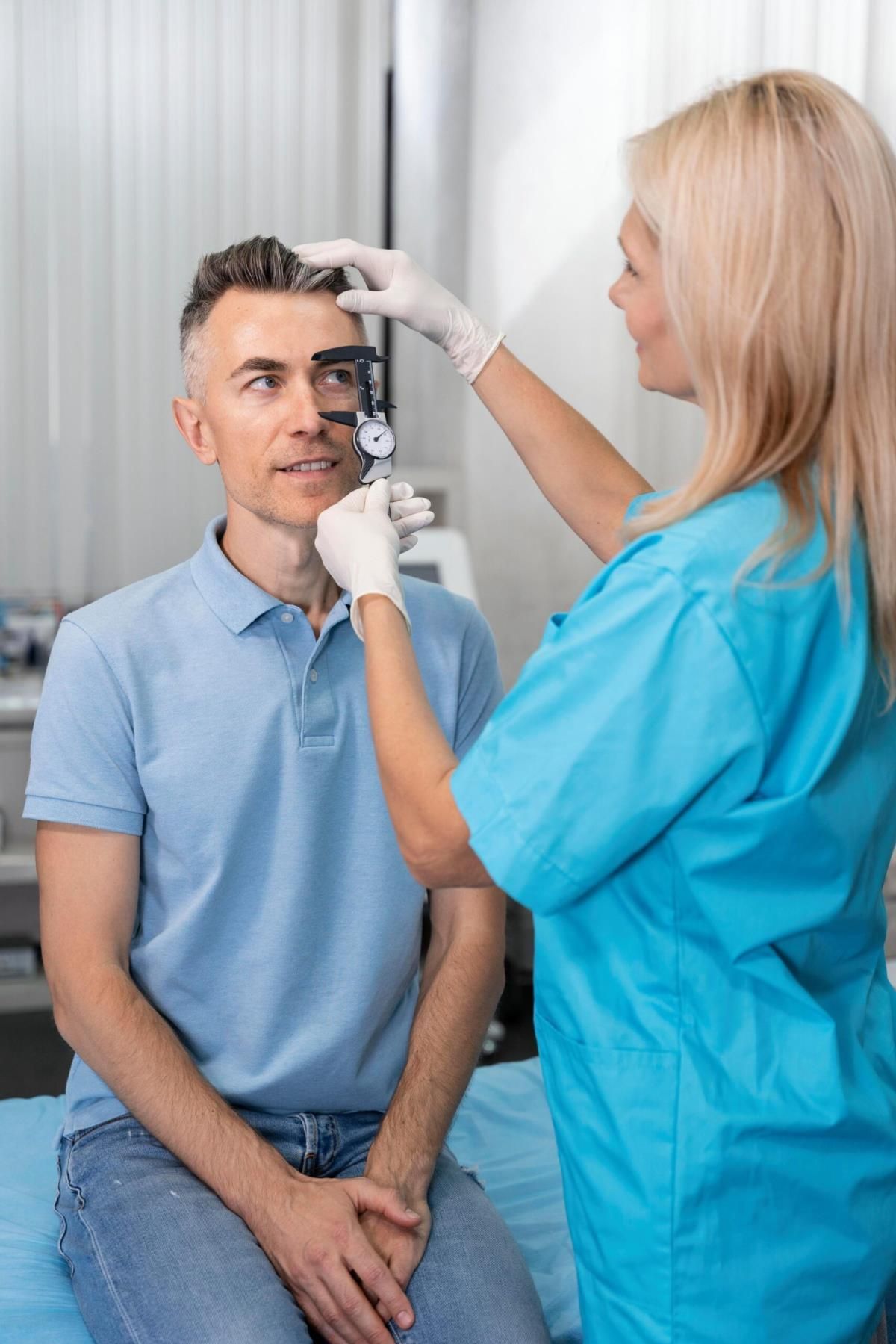 Eye exam with optometrist checking a seated patient’s vision using a phoropter and chart instrument.