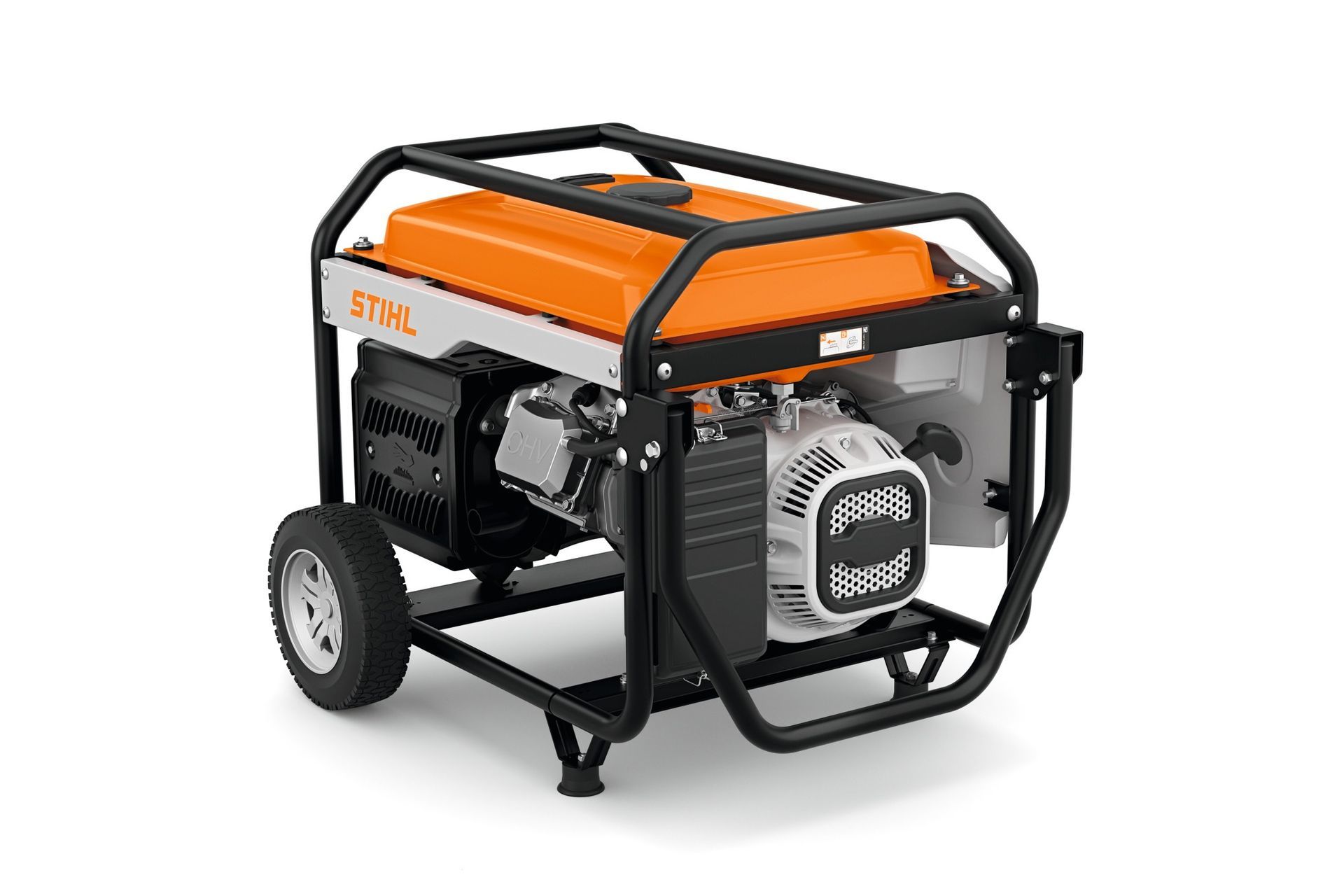 Generador Stihl naranja y negro con marco protector y ruedas negras.